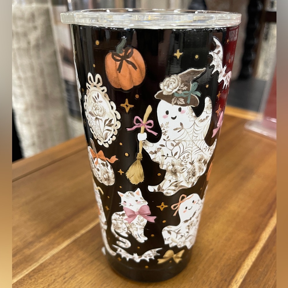 Halloween Cats & Ghosts Black & Gold Insulated Stainless Tumbler Clementine NWT